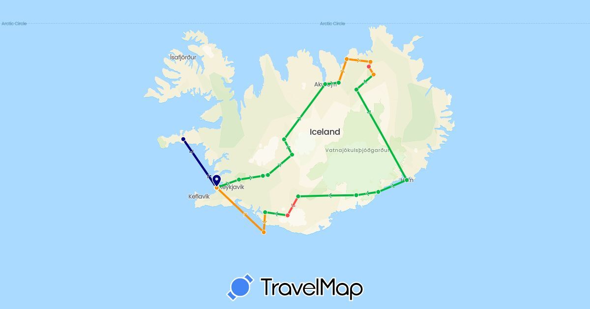 TravelMap itinerary: driving, bus, hiking, hitchhiking in Iceland (Europe)